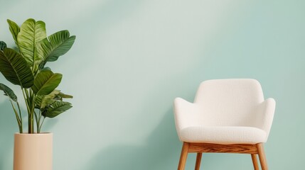 Fototapeta premium Mid-Century Modern Waiting Room White Textured Chair and Lush Greenery on Pastel Wall - Elevated Healthcare Branding and Tranquil Medical Office Design