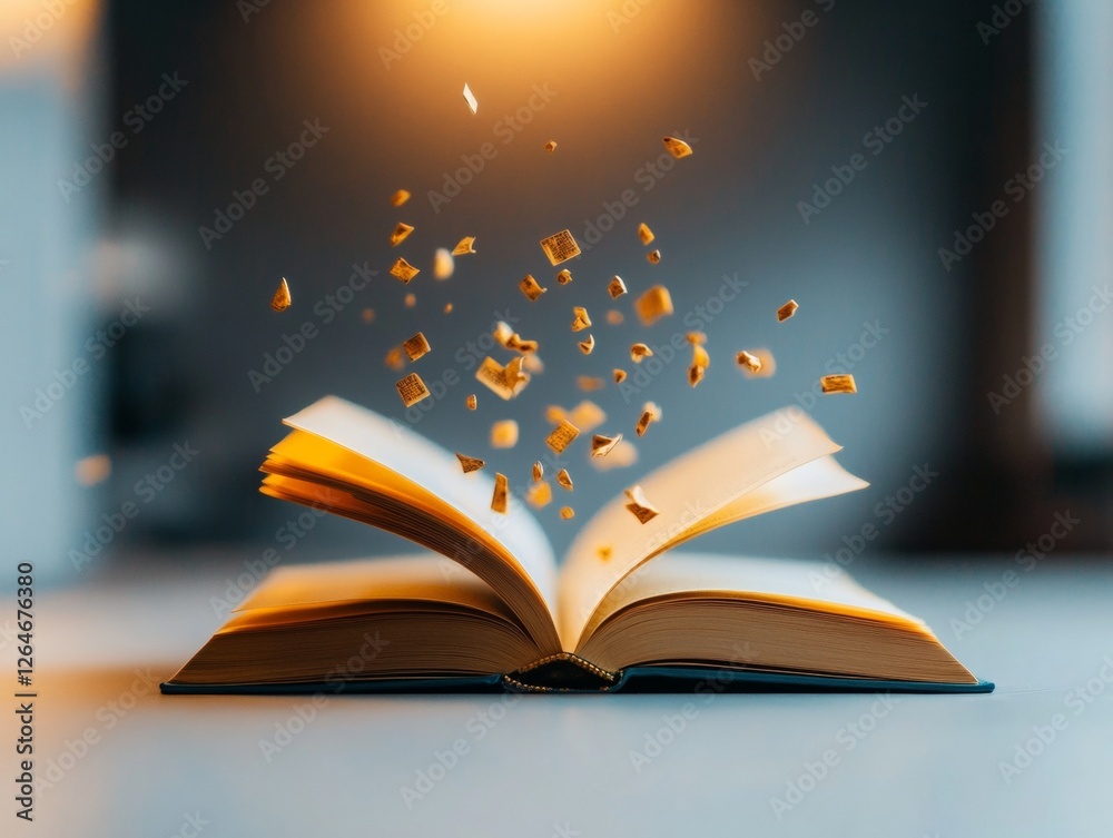Poster fantasy aesthetic book illuminated pages with floating magical particles - imagination concept for t