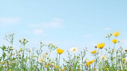 Yellow and White Wildflowers in a Field Under a Blue Sky