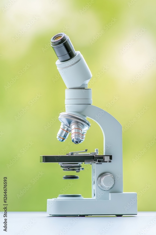 Poster Scientific Minimalism Sleek Microscope on Glossy Surface - Advanced Research Imagery and Precision Analytics Promotion for Laboratory and Medical Innovation