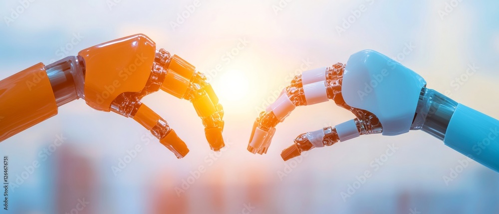 Fototapete futuristic industrial design robotic arms in sunset glow - automated manufacturing with metallic pre