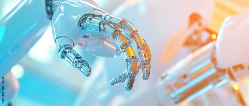 Poster futuristic robotic integration sleek metal and glass robotic arms in automated assembly - industry 4