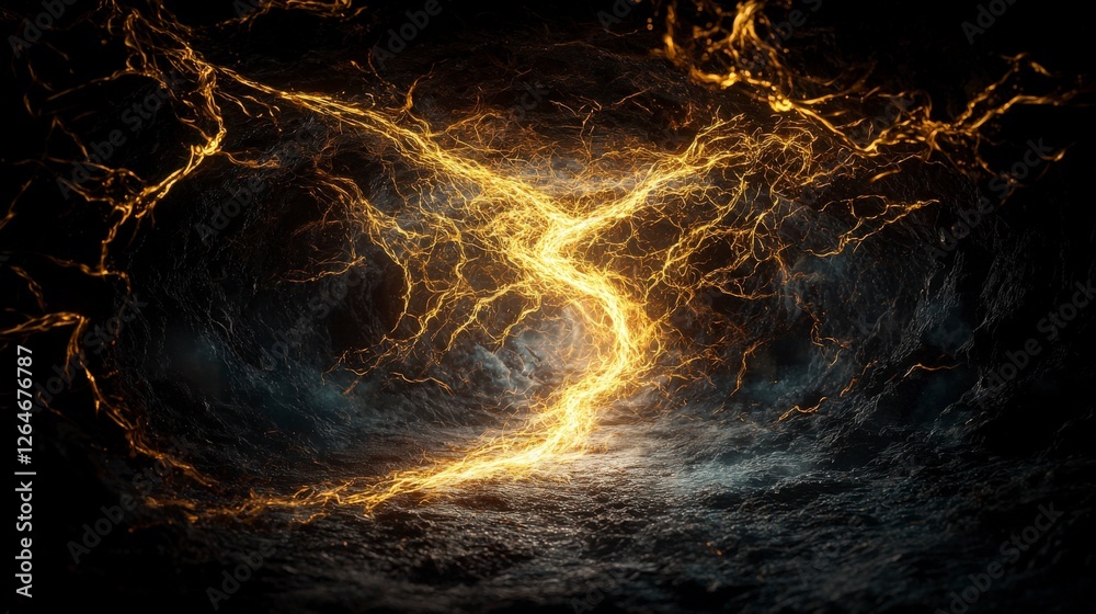 Poster Golden streaks illuminate dreamlike pathways in ethereal void abstract art surreal setting dynamic viewpoint