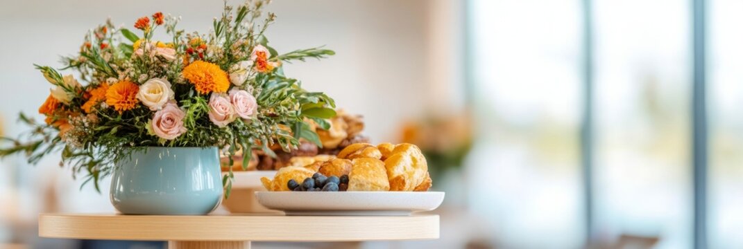 Contemporary Rustic Garden Party Feast Vibrant Floral Arrangement on Wooden Table with Finger Foods - Casual Hosting and Event Marketing for Chic Outdoor Gatherings