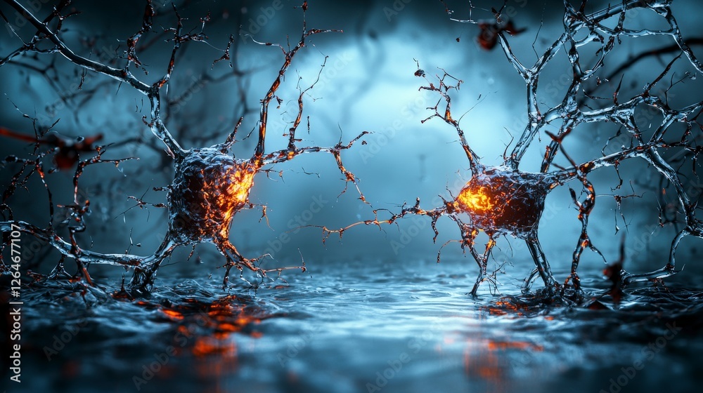 Poster Neuronal connections igniting thought patterns digital realm abstract art dark atmosphere close-up conceptual analysis