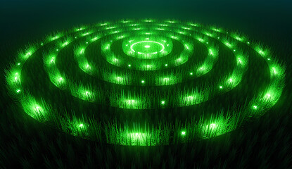 Glowing Neon-Green Crop Circles Made of Wheat and Rice Stalks Over Obsidian Fields with Radioactive Glow and Geometric Alien Symbols