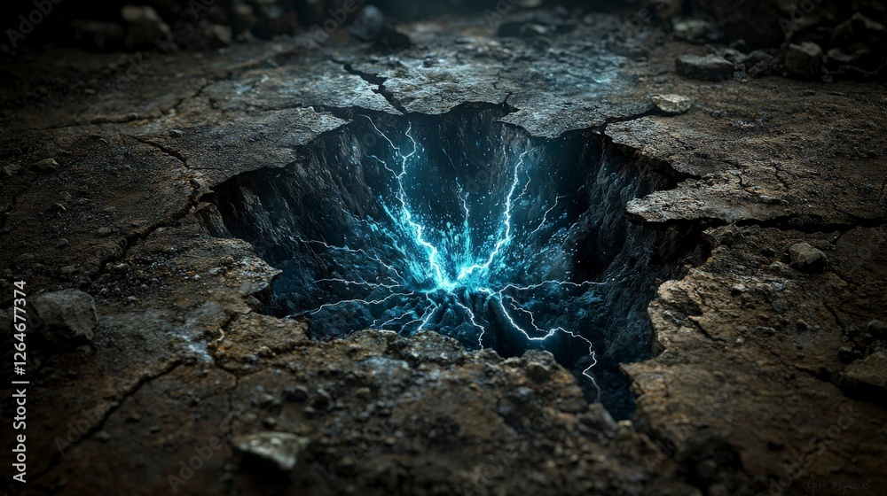 Poster deep blue lightning erupts from jagged cracks abandoned landscape digital artwork surreal environmen