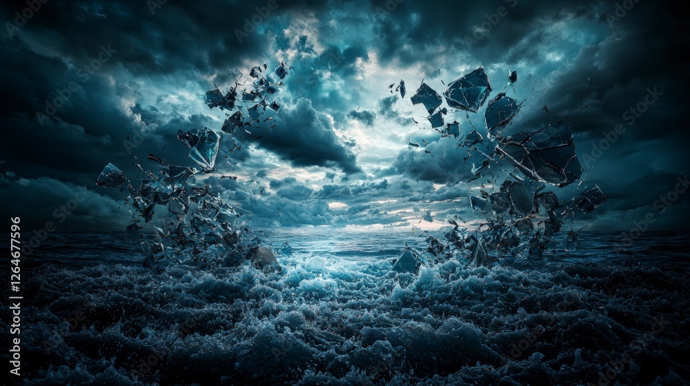 Poster surreal shattered remnants of isolation drifting above turbulent waters abstract art dramatic sky co