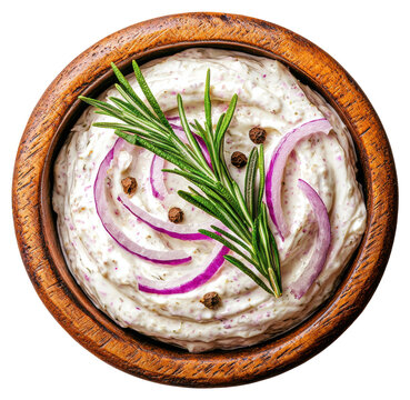 Cream Cheese Dip with Red Onion and Rosemary in a Wooden Bowl Isolated
