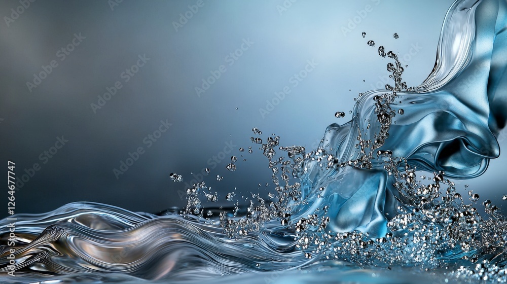 Poster Dynamic water splashes create shimmering silver ripples in a hazy void abstract art contemporary close-up view