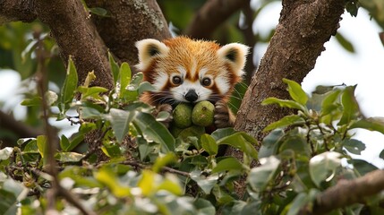 Red panda cub eating fruit in tree, jungle background, wildlife conservation
