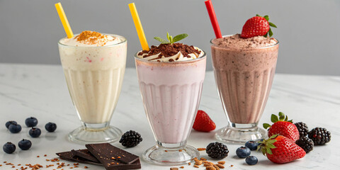 Three delicious milkshakes in classic flavors, elegantly served with yellow and red straws, placed on a white surface with fresh fruit around