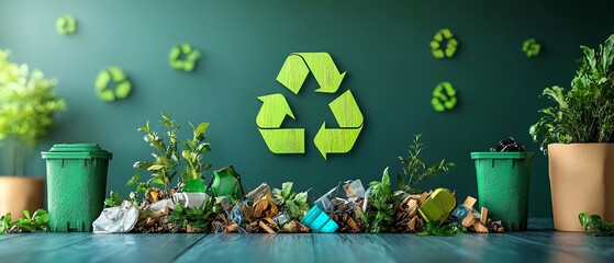 Concept of green recycling, showcasing ecofriendly materials being recycled, with vivid green symbols, recycling bins, and sustainable practices in a clean, modern design