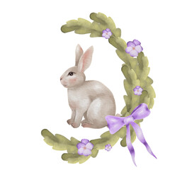 Watercolor Easter bunny with floral wreath, cute rabbit with pastel flowers, hand-painted spring illustration, holiday clipart, adorable woodland bunny, farmhouse Easter decor, digital art print