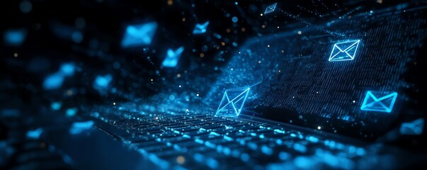 Email icons emerging from a laptop screen, representing communication, technology, and the digital age with bright, modern design elements