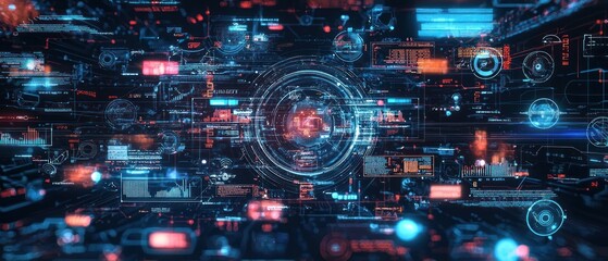 Fototapeta premium Abstract Digital Data Network Visualization with Blue and Red Glowing Lines and Shapes