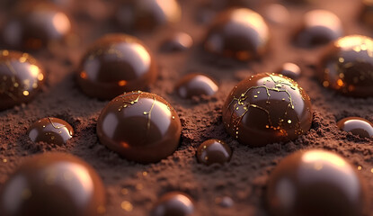 3D Fractal Chocolate Bubbles with Liquid Gold Cracks Floating in Hyper-Detailed Cocoa Powder Foam with Ultra-Glossy Textures and Cosmic Purple Undertones