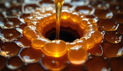 Hexagonal Tiles with Hyper-Realistic Honey Drips in Glowing Amber and Obsidian Black Surrounding a Black Hole-Like Void Oozing Metallic Royal Jelly