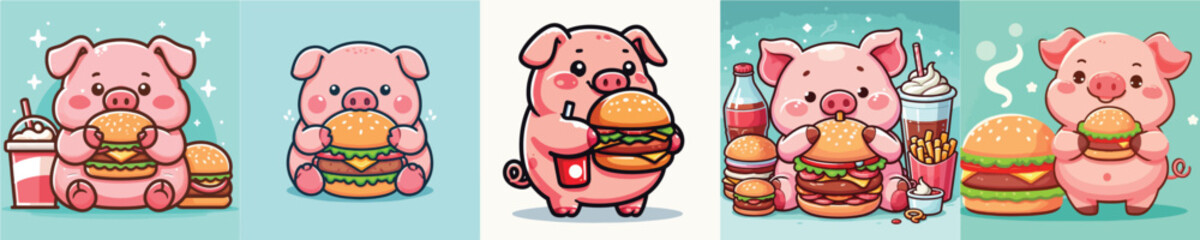 vector set of adorable pigs eating burgers