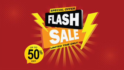Flash sale mega offer background upto 50 percent off, special offer, limited time only, flash sale creative campaign sales red yellow banner template design for social media and website	