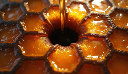 Hexagonal Tiles with Hyper-Realistic Honey Drips in Glowing Amber and Obsidian Black Surrounding a Black Hole-Like Void Oozing Metallic Royal Jelly