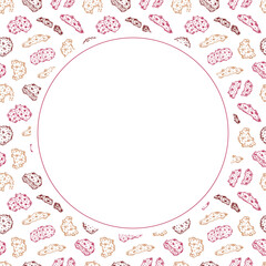 chocolate chip cookies frame. doodle chocolate cookies circle frame. hand drawn cookies frame background. chocolate cookies background