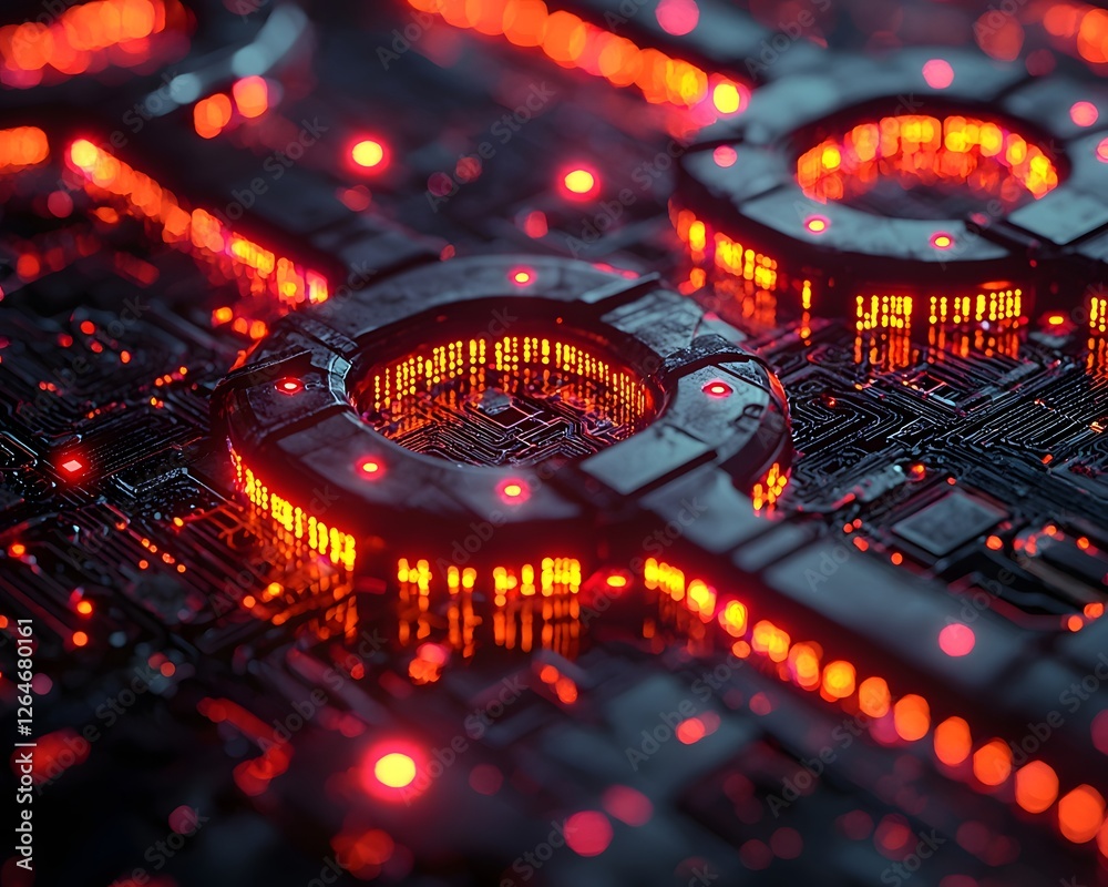 Poster glowing blockchain nodes embedded in futuristic city infrastructure