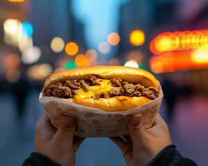 Urban Street Gourmet Philly Cheesesteak in Neon Glow - National Cheesesteak Day and Spring Food Festivals for Culinary Tourism and Digital Marketing