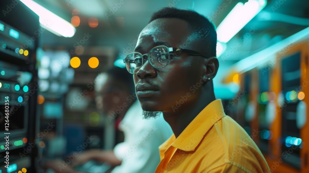 Aufkleber a dedicated individual is engaged in work at a technology hub during evening hours, showcasing a ser