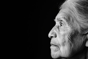 Emotive Black-and-White Portrait Elderly Indigenous Woman Representing Historical Injustice Survivors for Social Justice Campaigns - Cultural Reflection and Advocacy Materials