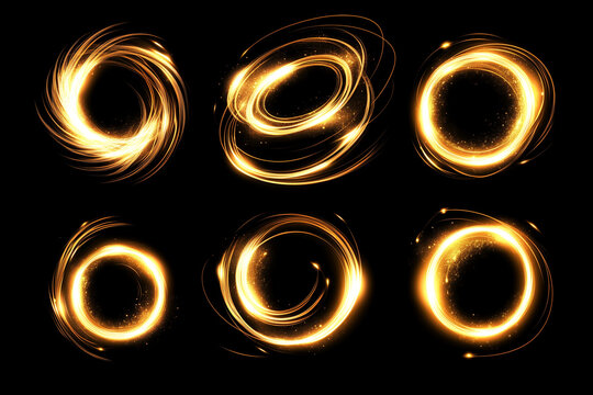 set of six golden circles with a black background. The circles are all different sizes and are arranged in a row. The circles appear to be glowing and are surrounded by a lot of sparkles