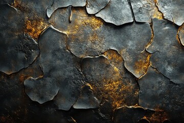 Fototapeta premium Dramatic Dark Texture with Golden Highlights in Cracked Surface for Artistic Background Use