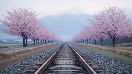 Fototapeta premium 日本の田園風景に続く桜並木と線路、ミニマルな美しさ