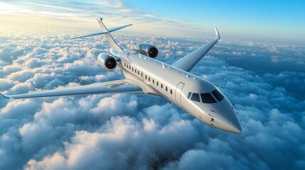 Fototapeta premium A professional photo of a modern commercial airplane cruising above the clouds, its sleek wings and engine details clearly visible against a bright blue sky