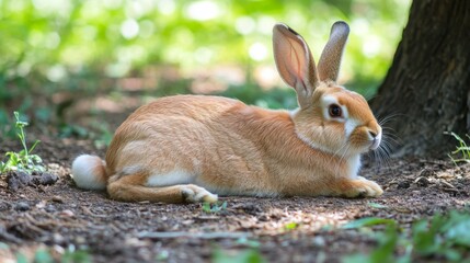 Fototapeta premium A rabbit lying in the shade of a tree, its body relaxed and its fur smooth, surrounded by a peaceful forest atmosphere