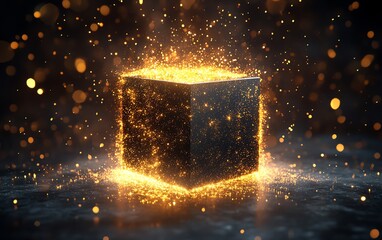 A black box with a glowing interior, exploding with golden sparks and brilliant light in a dramatic burst