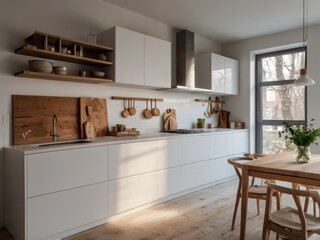 Fototapeta premium Modern kitchen showcases bright white cabinetry and wooden dining set