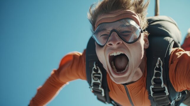 A skydiver screaming in excitement mid-fall, close-up shot with blue sky behind, wind effects visible