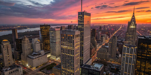 Urban cityscape at twilight featuring illuminated buildings and streets, highlighting the beauty of city lights against a dusky sky.