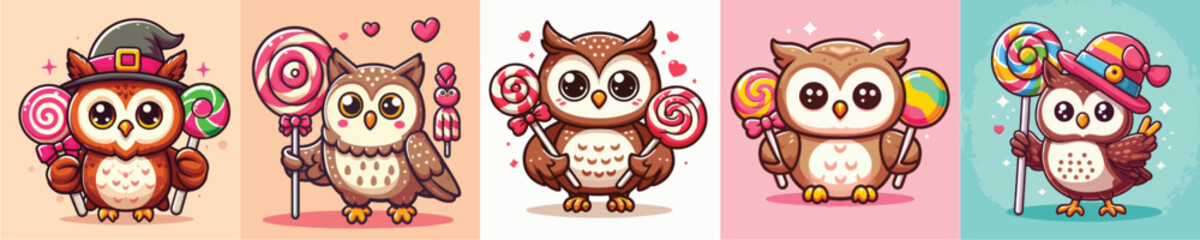 vector set of adorable owls holding lollipops