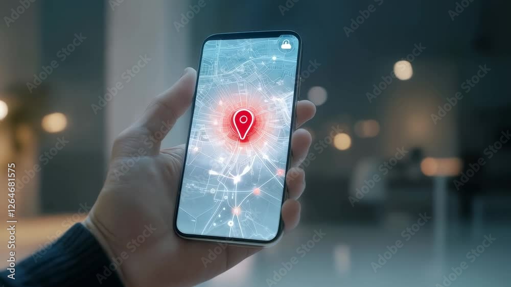 Aufkleber businessman hand holding smartphone with red pin displaying gps location on map application, navigat