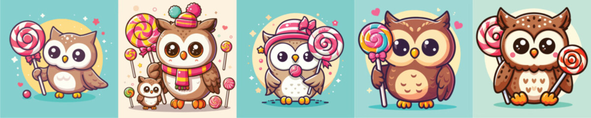 vector set of adorable owls holding lollipops
