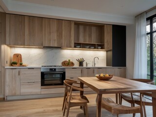 Kitchen interior featuring wooden cabinets marble backsplash and dining table