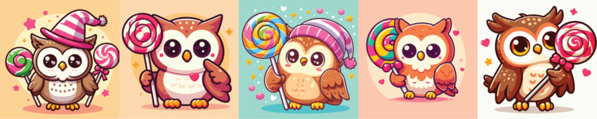 vector set of adorable owls holding lollipops