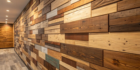 Wooden textured wall design with unique horizontal paneling in various shades, creating a rustic yet modern interior aesthetic