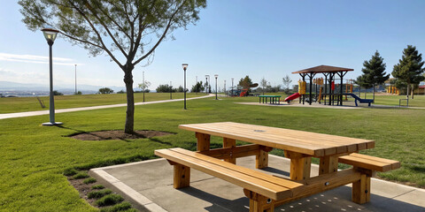 Wooden picnic tables in a sunny park with lush green surroundings, an ideal place for outdoor dining and family gatherings
