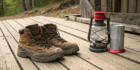  Worn hiking boots and an old-fashioned lantern on a rustic wooden deck, showcasing the essentials of an outdoor adventure in the wild