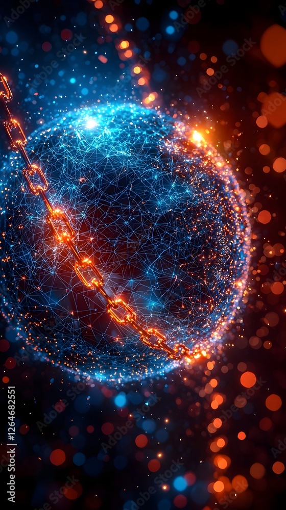 Poster glowing blockchain inspired global network symbolizing decentralization and trust