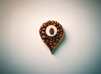 Coffee bean location pin on a white surface.  A pointer shape is created from roasted coffee beans with a lighter bean in the center.