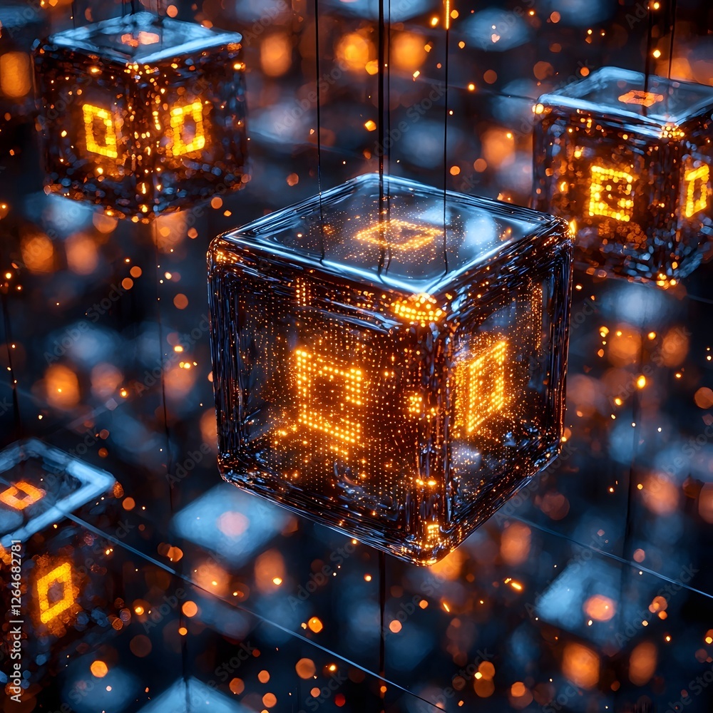 Poster blockchain cubes levitating in glowing binary space symbolizing encrypted trust and technological in
